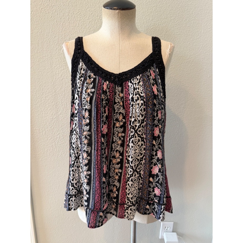 Pinky Womens Black Pink Floral Boho Tank Top Crochet Trim Sleeveless Size S